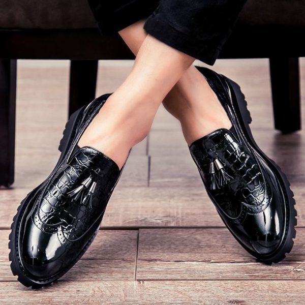 Male Formal Glossy Tassel Brogue Shoes Loafers & Slip-ons Formal Black - Image 2