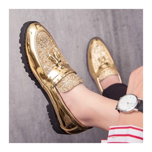 Men Glossy Tassel Brogue Shoes Loafers Slip-ons Formal Corporate Golden - Image 2